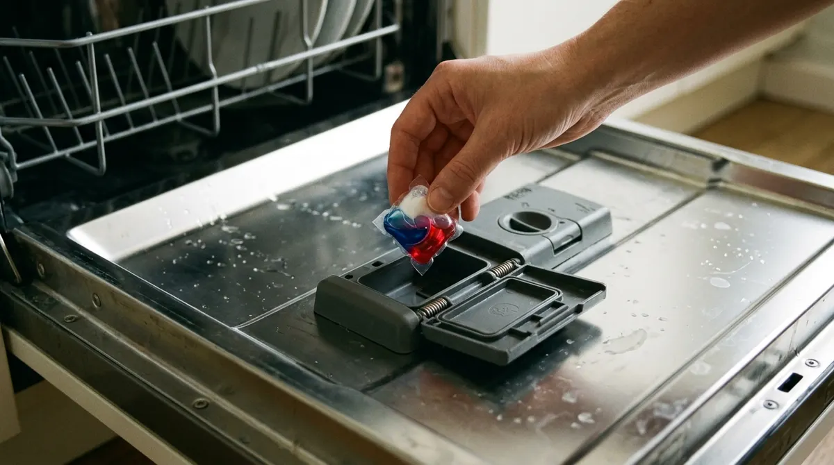 Placing a dishwasher detergent pod into the dispenser of an open dishwasher door