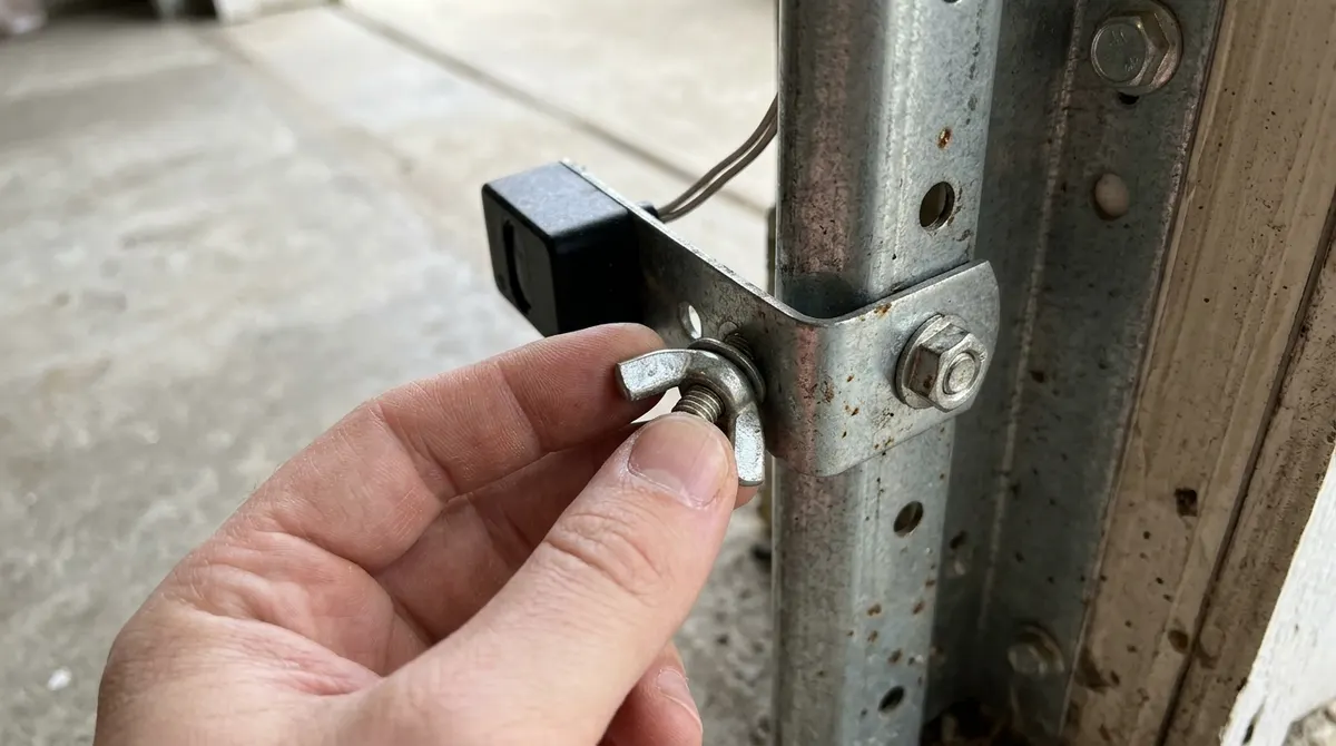 Hand loosening a wing nut to adjust a garage door sensor bracket