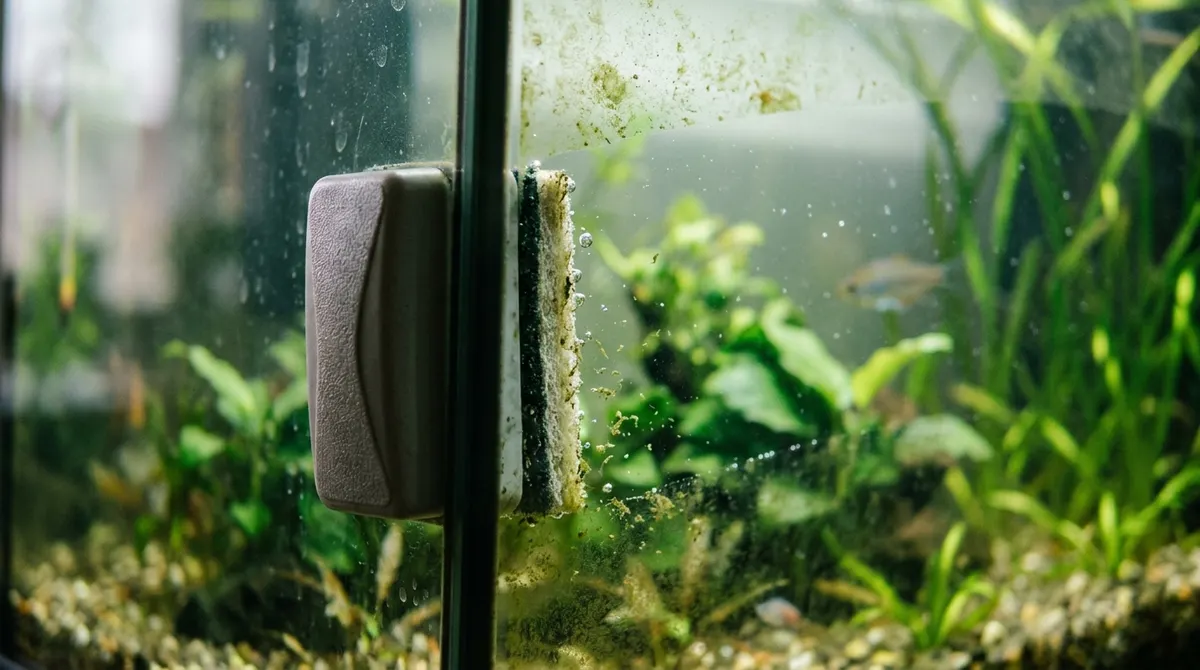 Magnetic algae scraper cleaning the inside glass of an aquarium