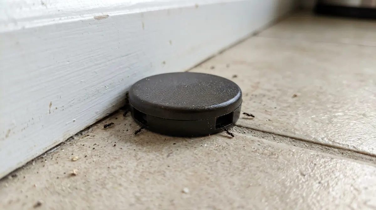 Small plastic ant bait station placed beside a baseboard in a kitchen