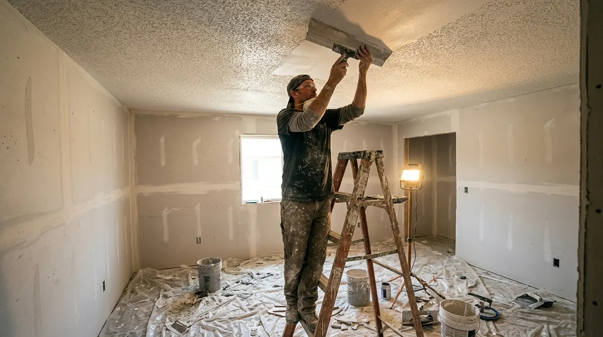 Worker flattening sprayed ceiling texture with a wide drywall knife