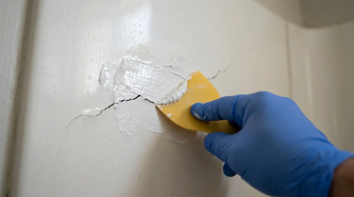 Applying white fiberglass repair filler to a crack with a plastic spreader