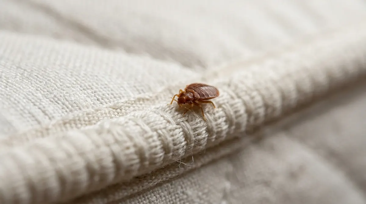 Close-up of a bed bug on a mattress seam