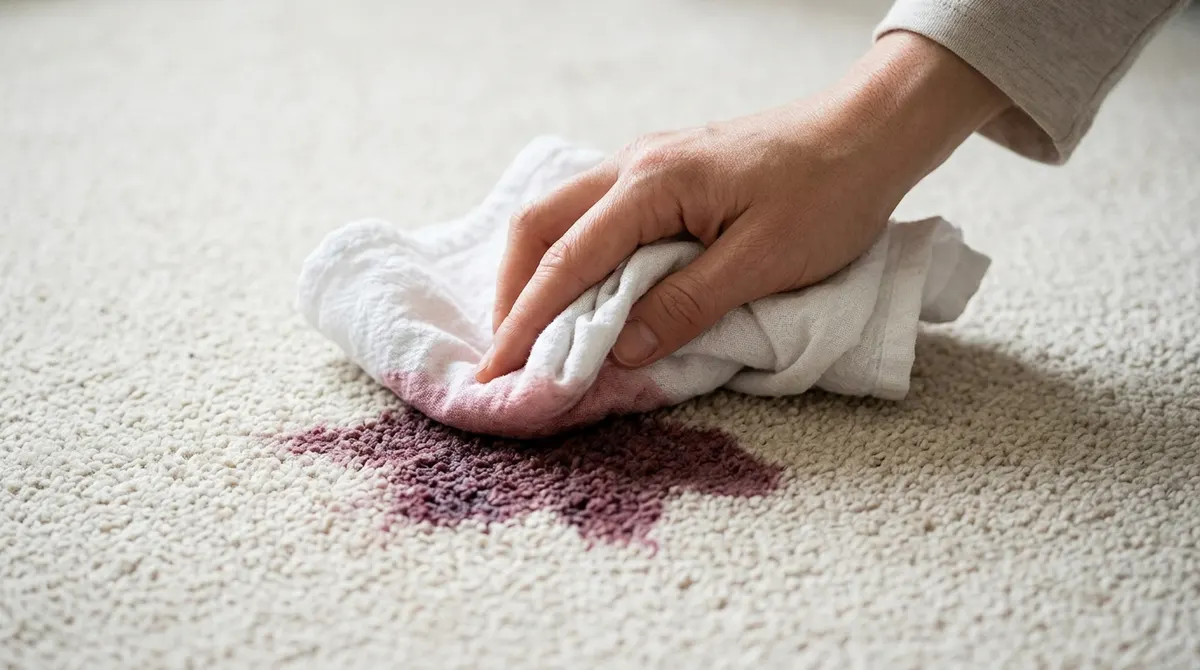 Blotting a stain on carpet with a white cloth