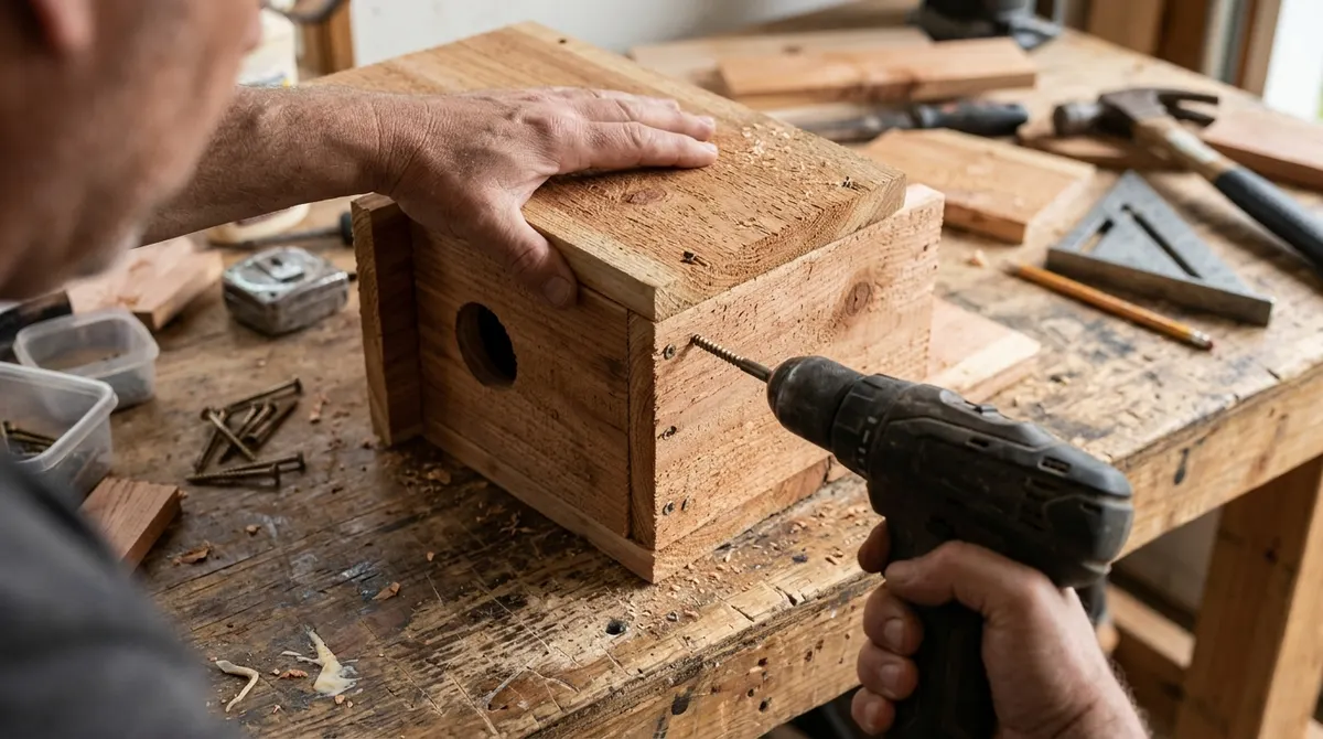 Assembling a wooden squirrel nest box on a workbench with a drill