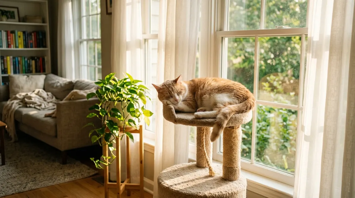 Relaxed cat resting on a cat tree in a calm living room