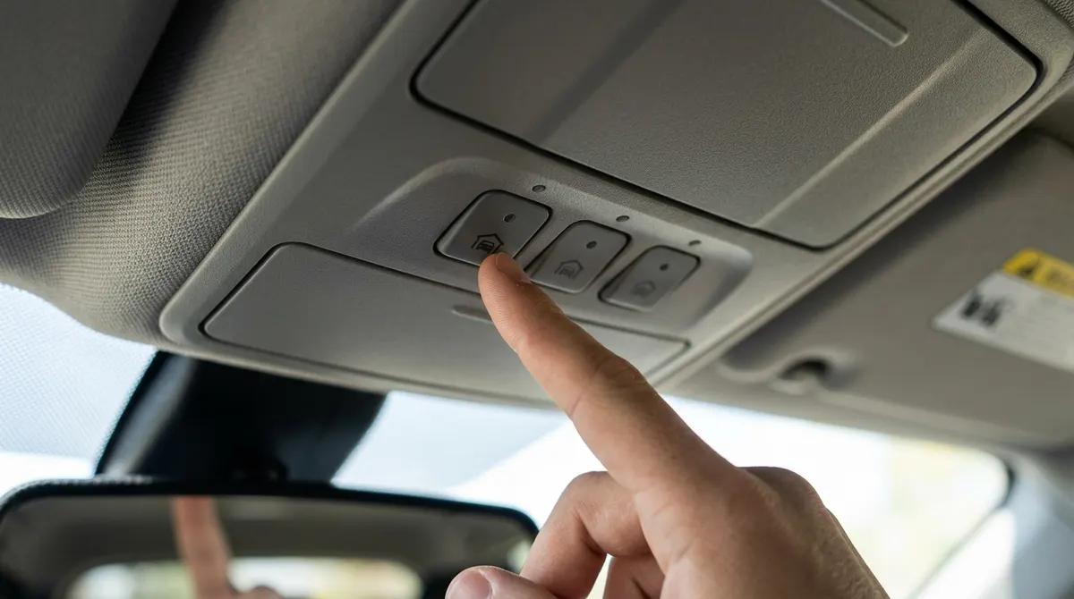 Built-in garage door opener buttons on a car's overhead console