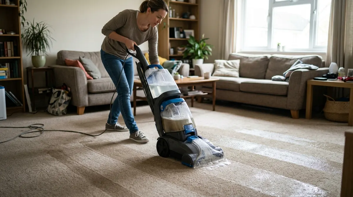 Using a carpet cleaning machine to deep clean a living room carpet