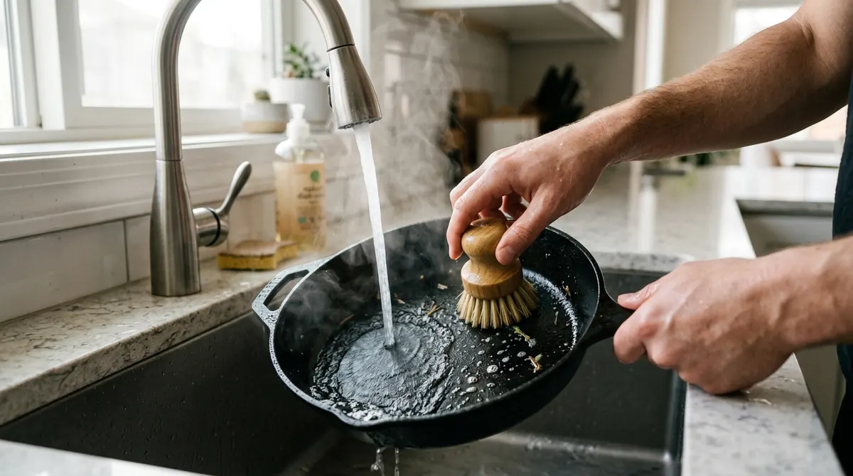 Rinsing a warm cast iron skillet under hot water in a kitchen sink with a brush