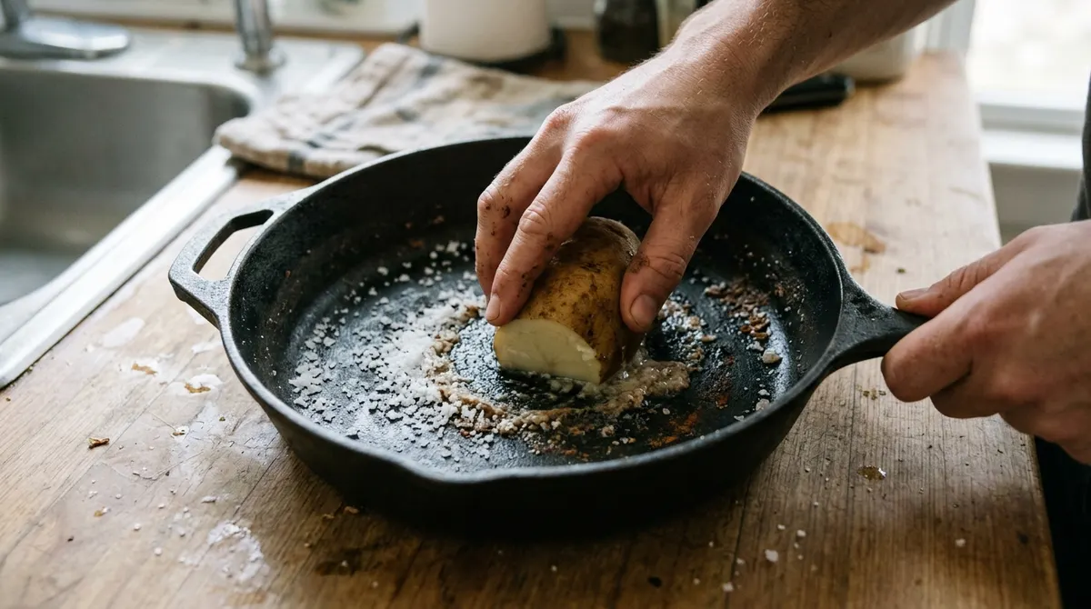 Scrubbing a cast iron skillet with coarse salt and a half potato
