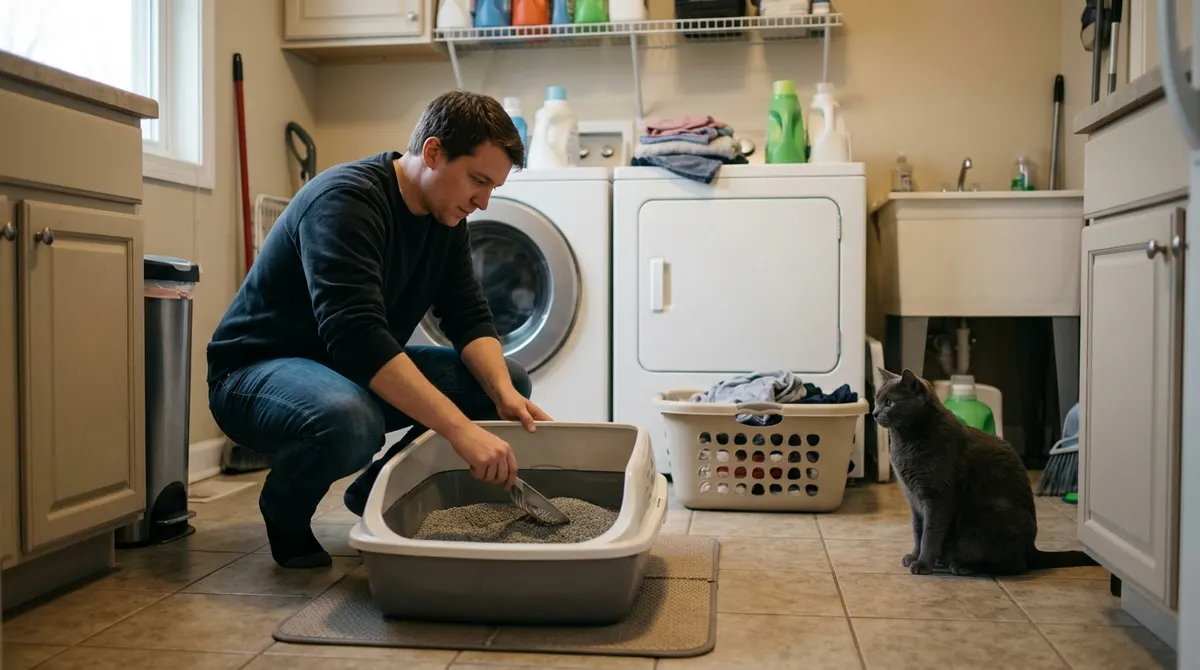 Person scooping a cat litter box in a laundry room