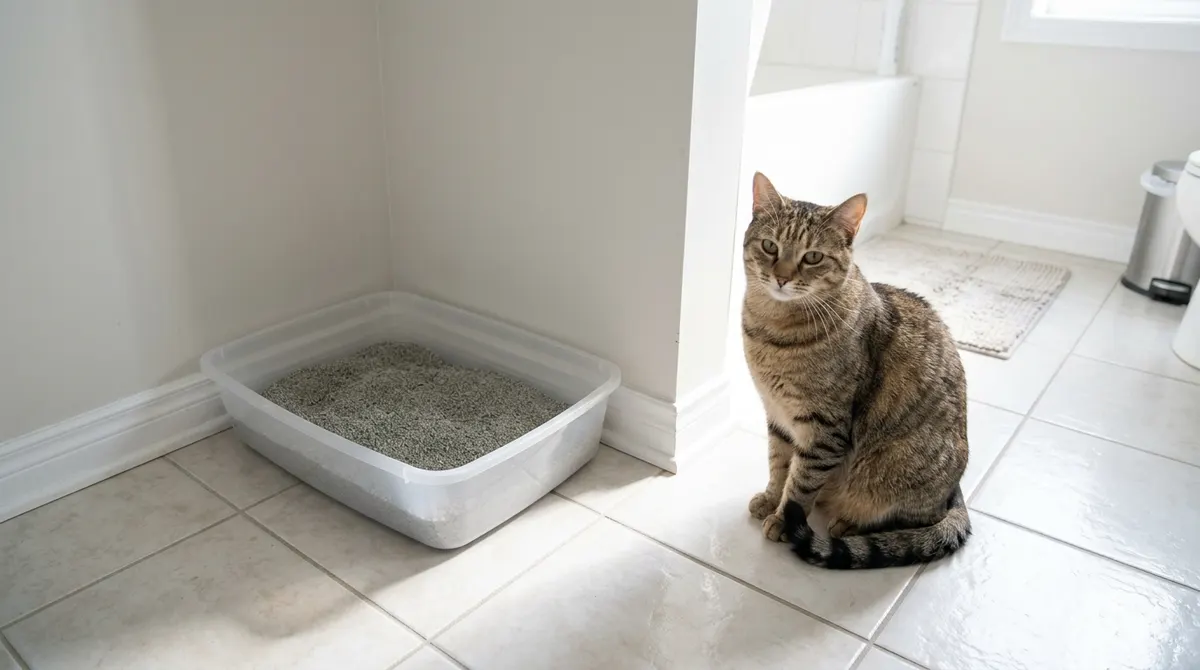 Cat sitting next to a clean litter box in a bright bathroom