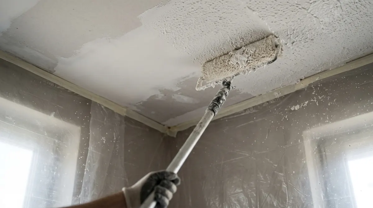 Thick-nap roller applying joint compound texture to a white ceiling