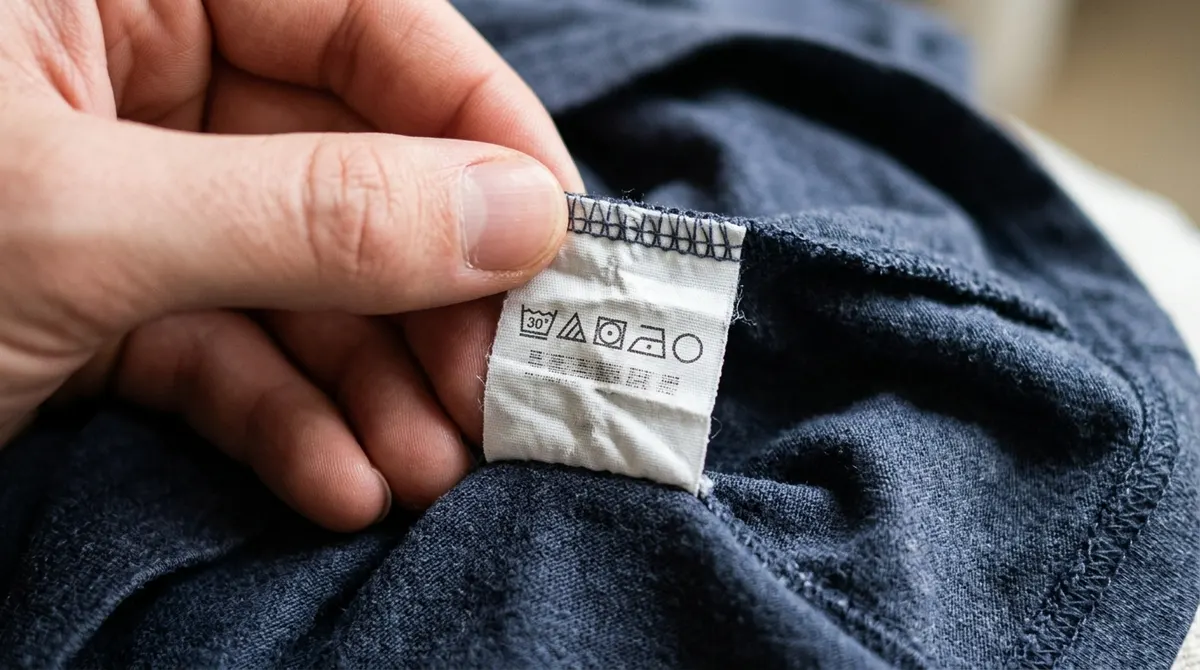 Hand holding a clothing care label with laundry symbols
