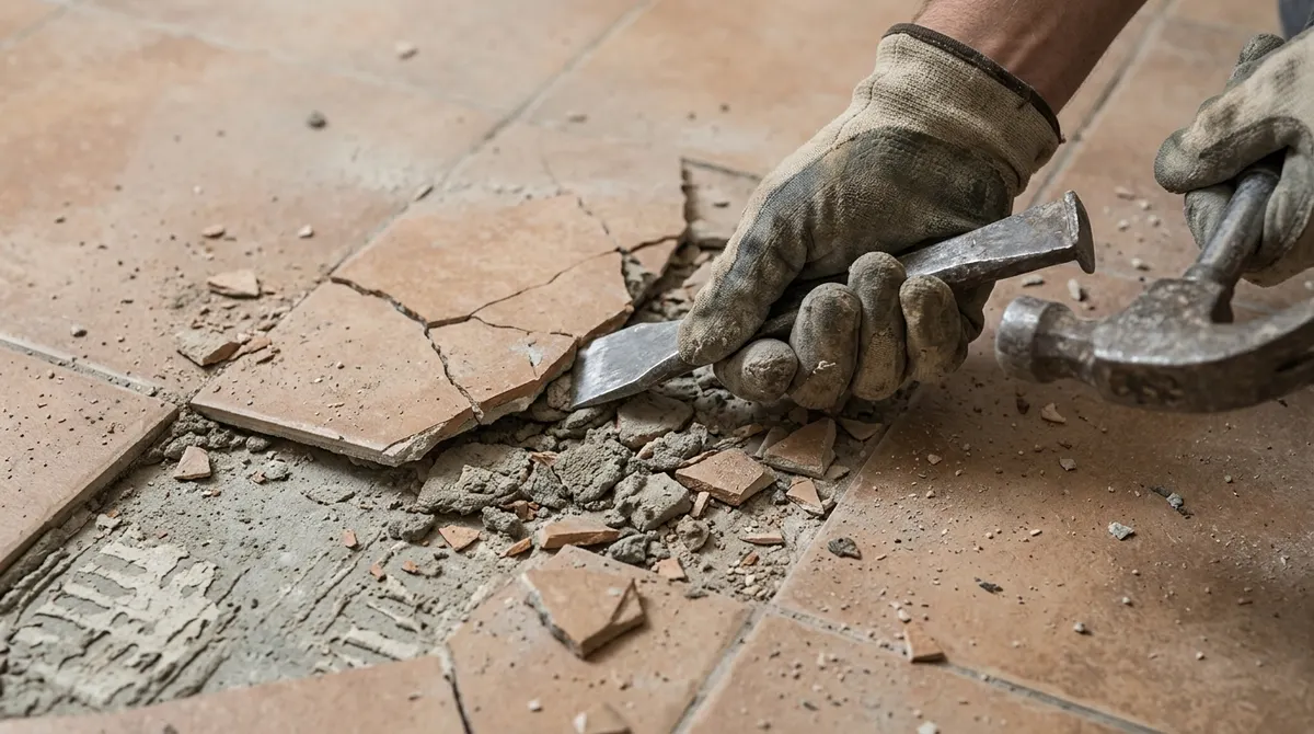 Hammer and chisel prying up a ceramic floor tile