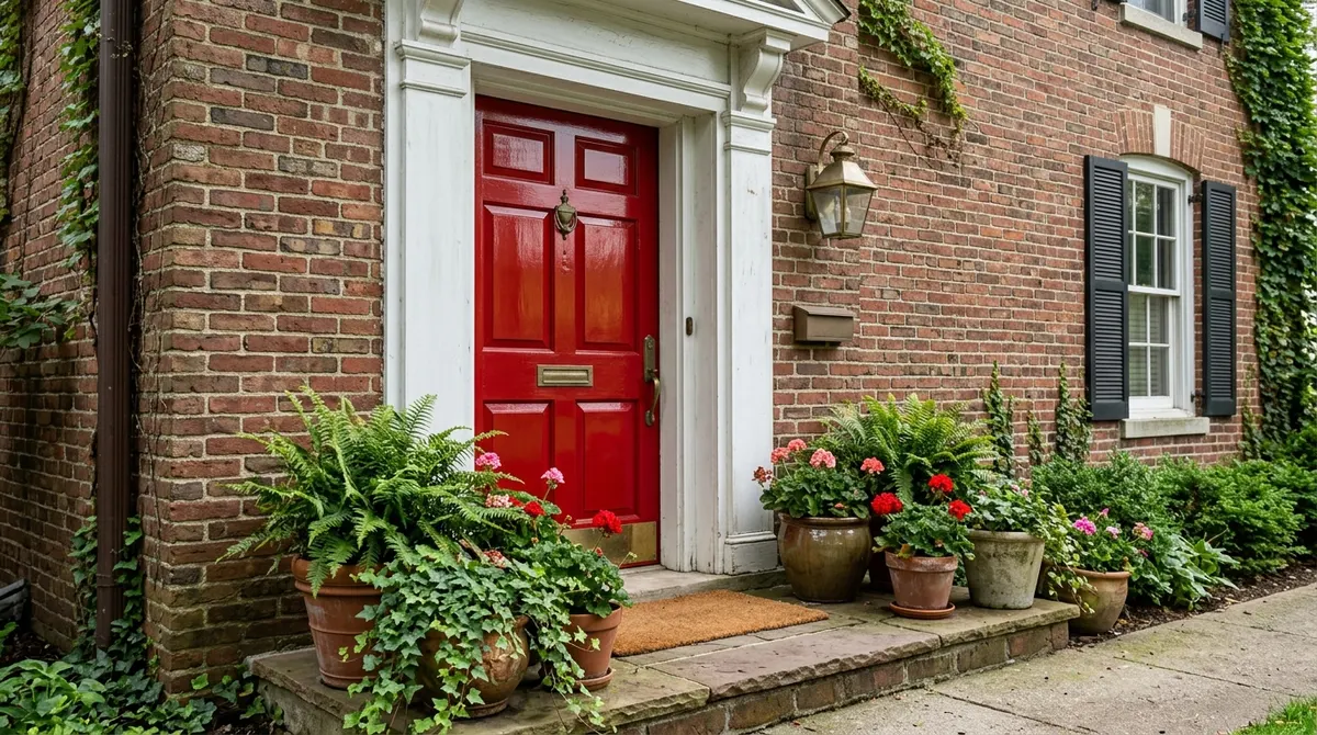 Classic glossy red front door on a brick house with white trim