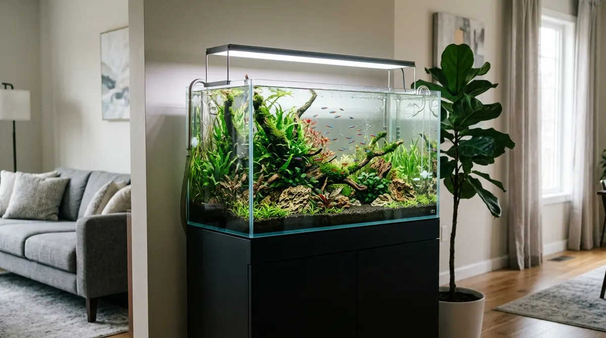 Clean freshwater aquarium with plants and fish in a living room