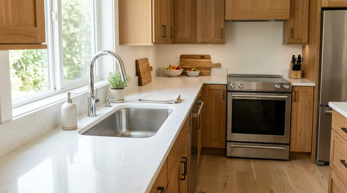 Clean modern kitchen with clear counters and a shiny sink
