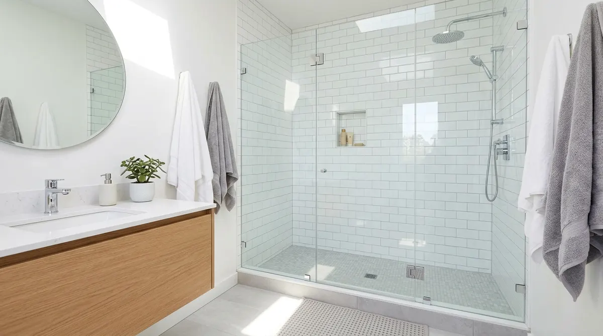 Sparkling clean white shower wall tiles in a bright bathroom