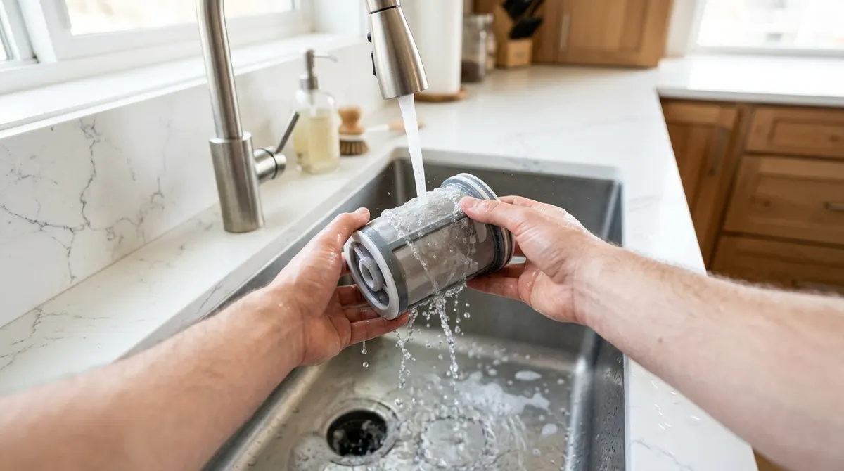 Rinsing a dishwasher filter under running water in a kitchen sink