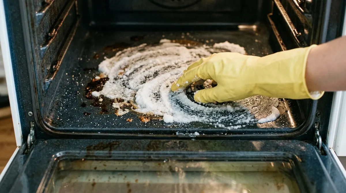 Spreading baking soda paste inside an oven for deep cleaning