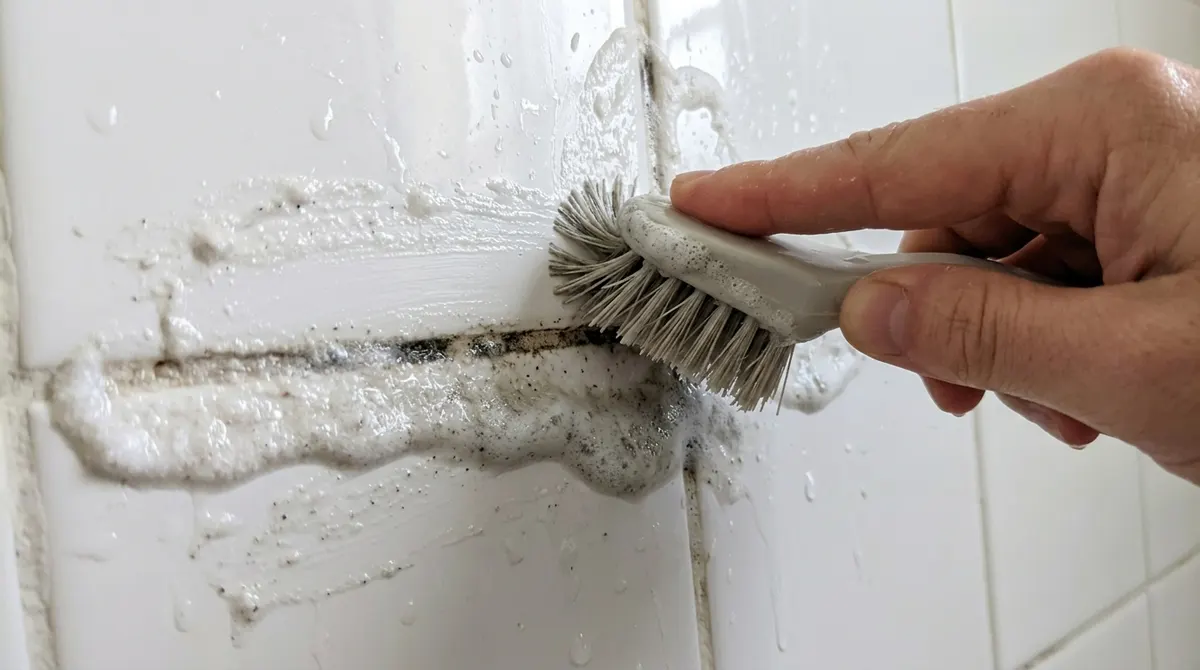 Scrubbing dark grout lines between shower tiles with a small grout brush