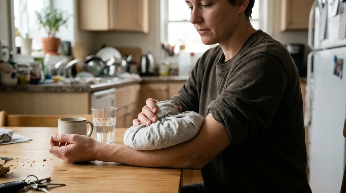 Applying a cold compress wrapped in a towel to a bite on the arm