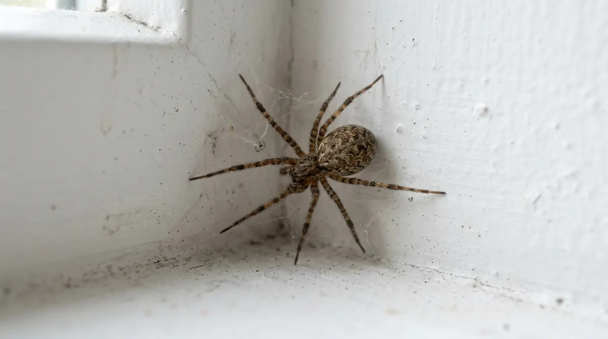 Common brown house spider on a white wall corner indoors