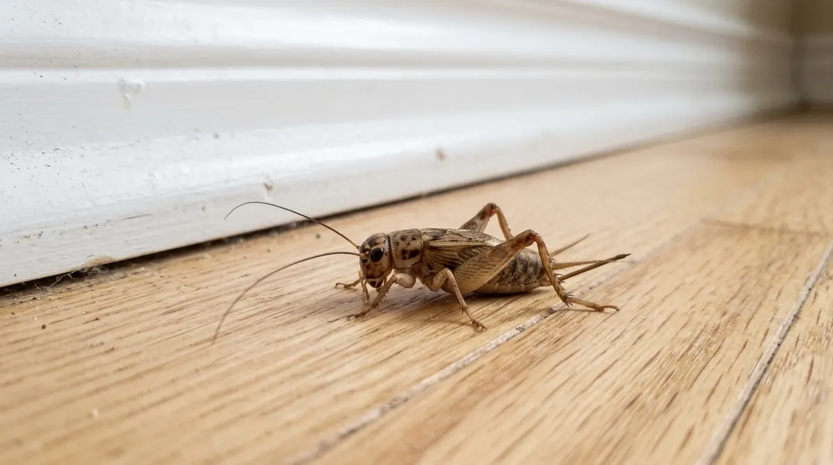 House cricket on a floor near a baseboard