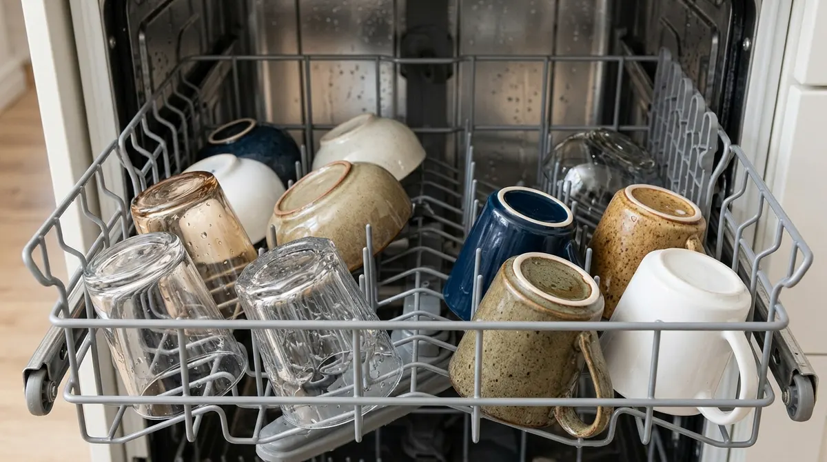 Dishwasher top rack with glasses, mugs and bowls placed upside down at an angle