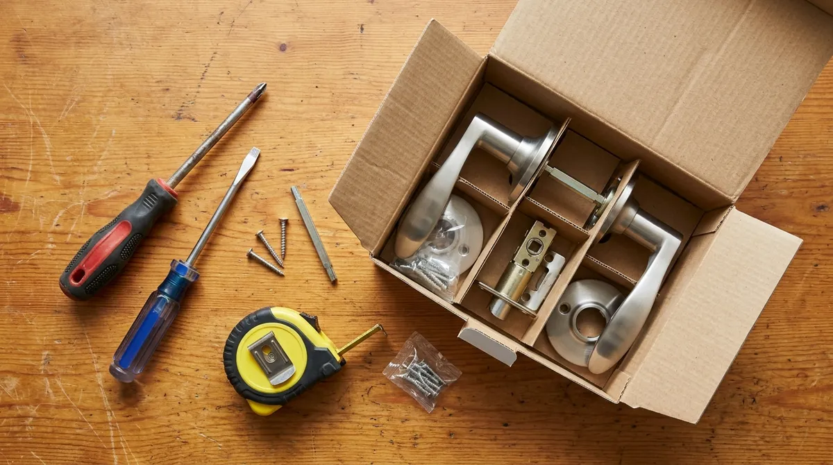 Screwdrivers, tape measure and a new door handle set in its box on a wooden table