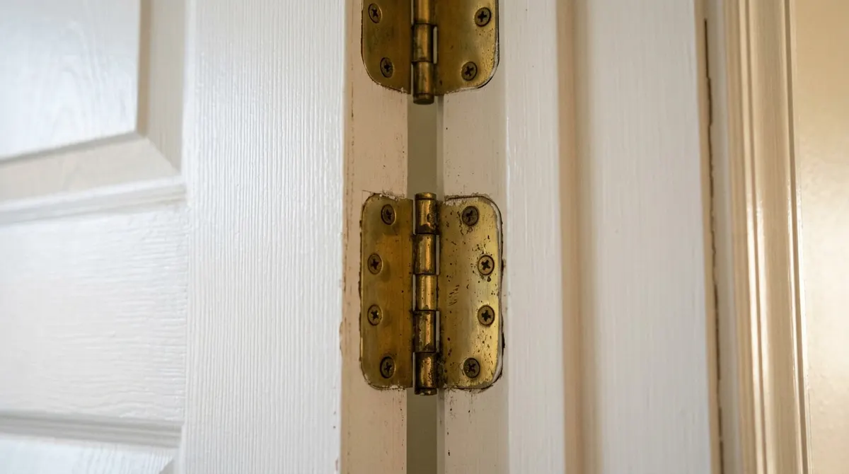 Close-up of brass door hinges mounted on the right side of a door frame