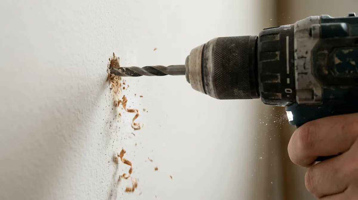 Drilling a small pilot hole into a wall stud behind drywall