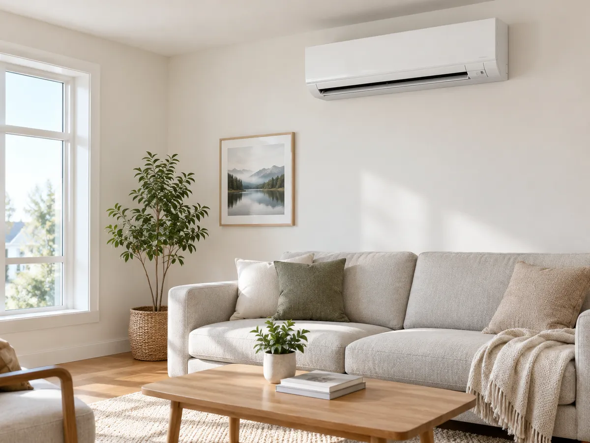 White ductless mini-split indoor unit mounted high on a living room wall