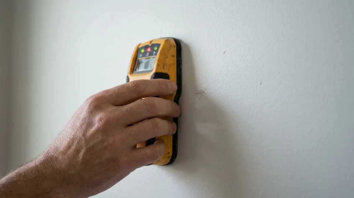 Hand sliding an electronic stud finder across a painted wall with a pencil mark