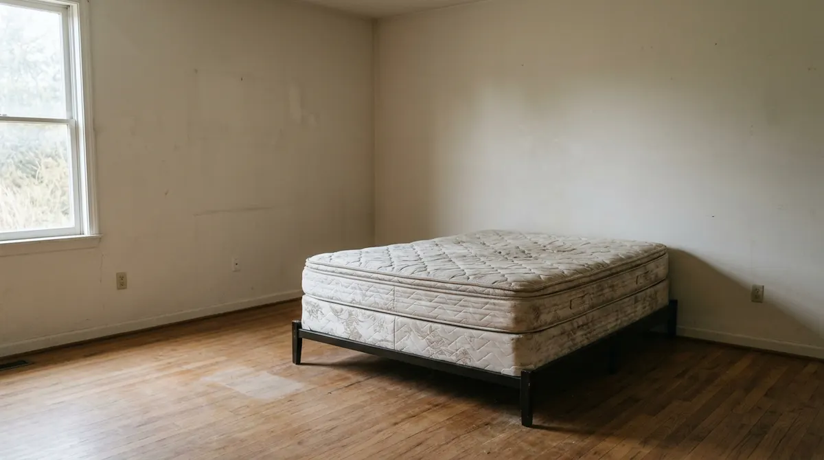 Empty bedroom with stripped mattress and no furniture