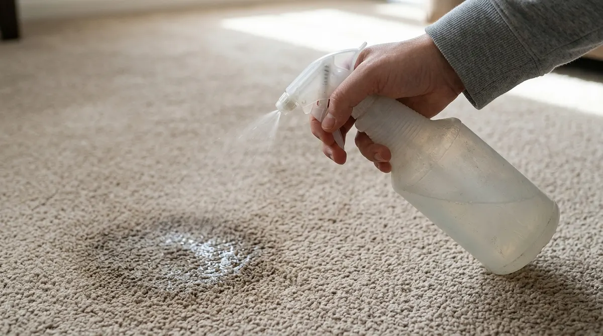 Spraying enzyme cleaner onto a cat urine spot on carpet