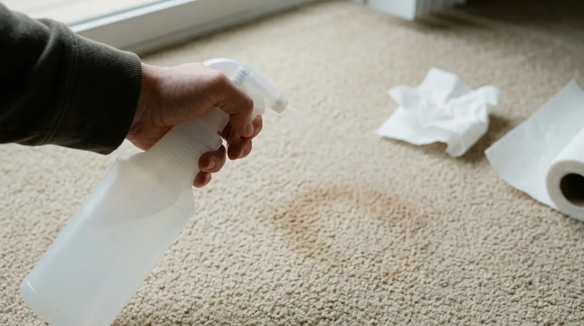 Spraying enzyme cleaner on a pet urine stain on a carpet