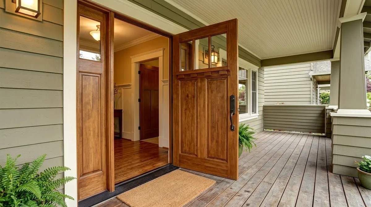 Exterior entry door opening outward onto a covered front porch