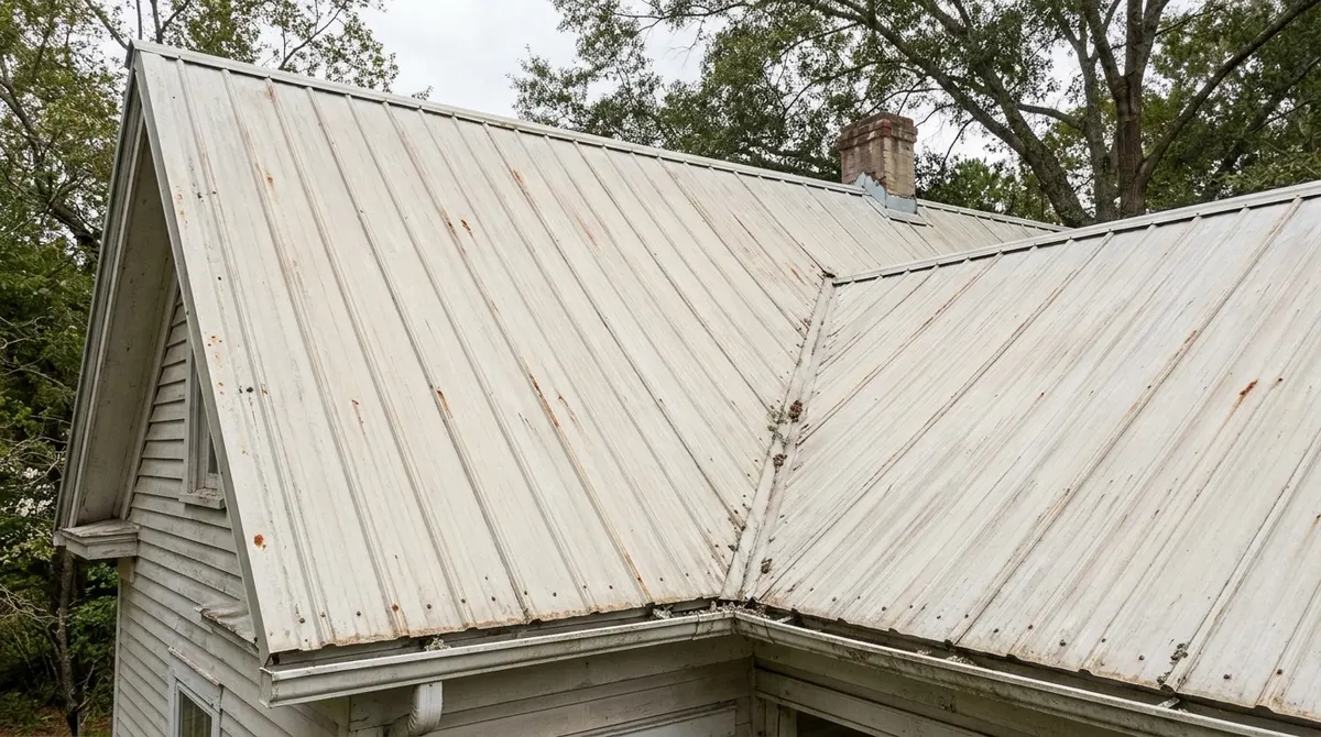 Faded and chalky metal roof on a house before painting