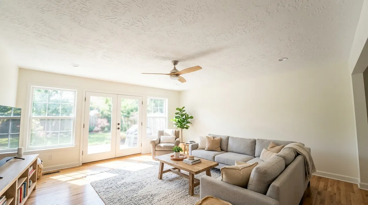 Finished white knockdown textured ceiling in a bright living room