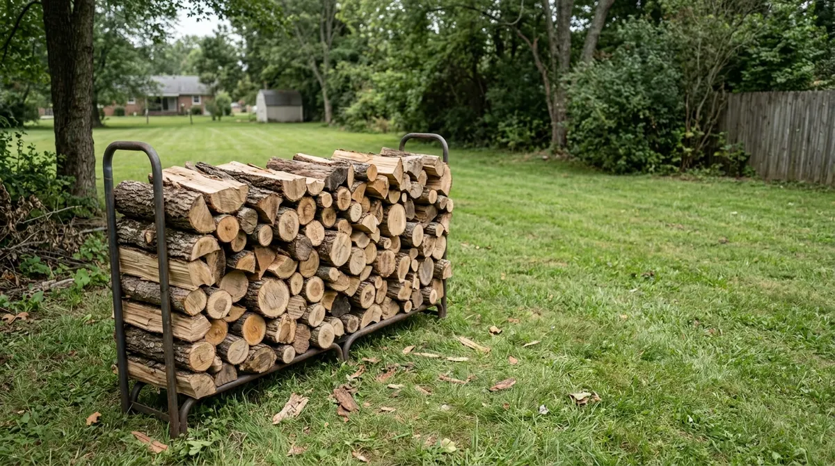 Firewood stacked on a rack away from the house in a backyard