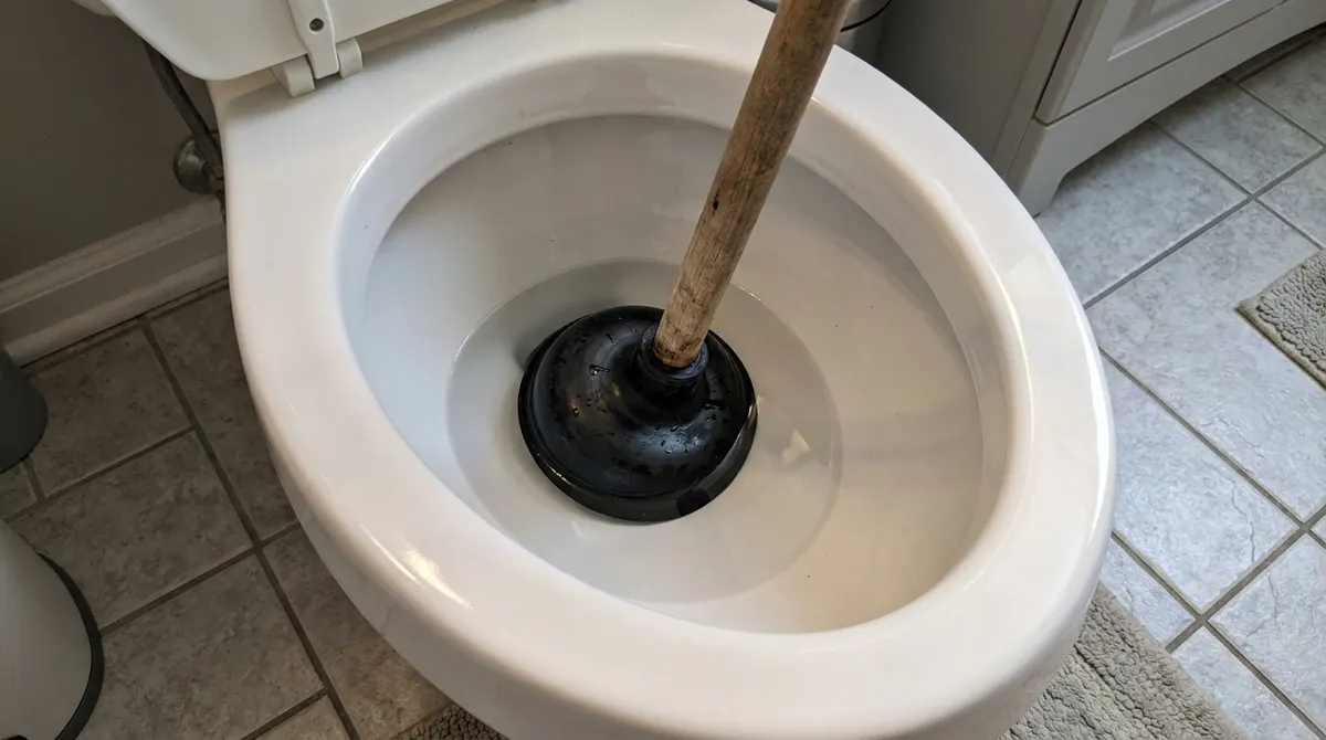 Flange toilet plunger sealed in a toilet bowl drain