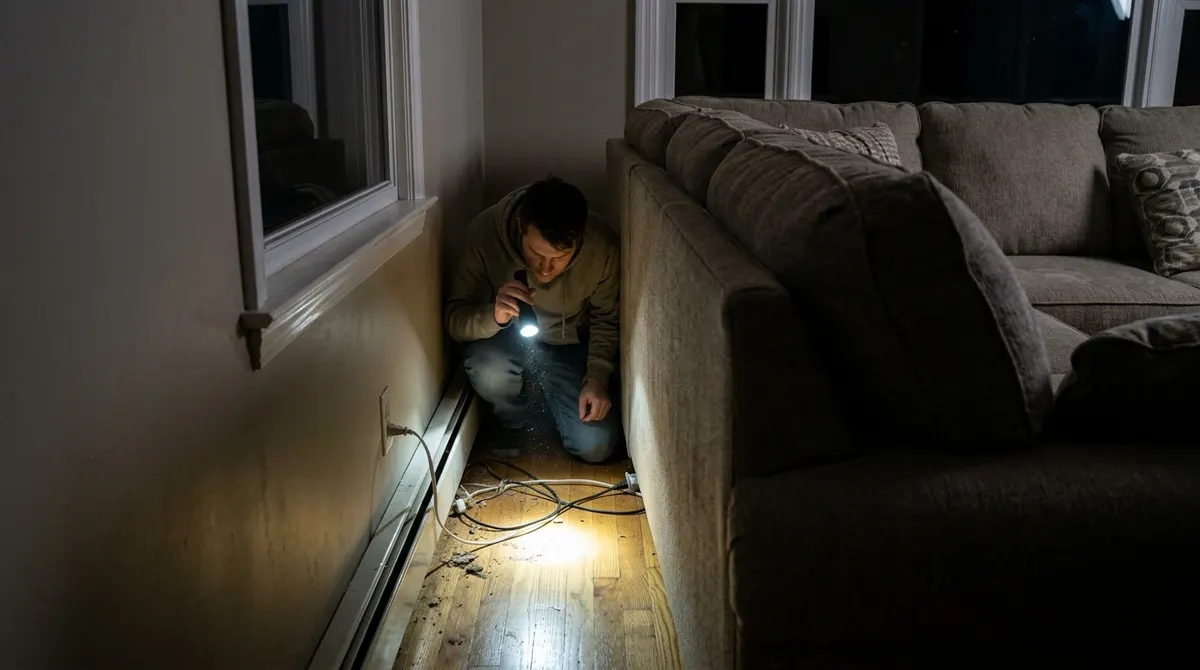 Person using a flashlight to search behind a couch for a cricket