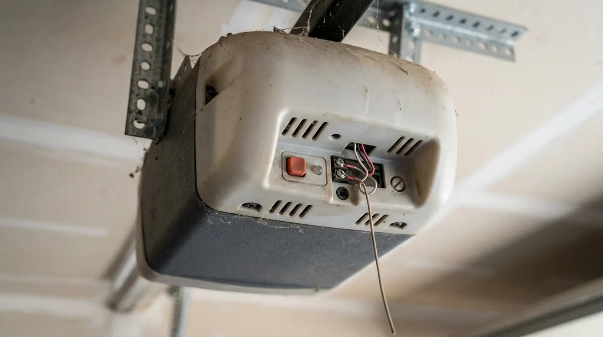 Close-up of the Learn button on the back of a garage door opener motor unit