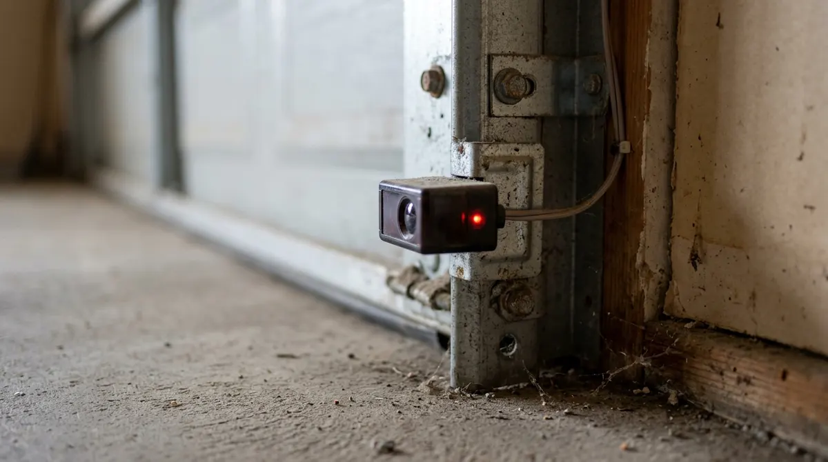 Garage door safety sensor near the floor with its indicator light