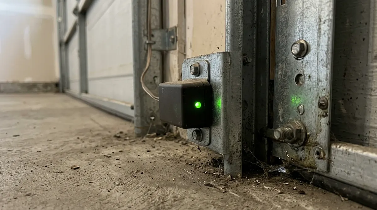 Garage door safety sensor with a glowing green indicator light near the floor