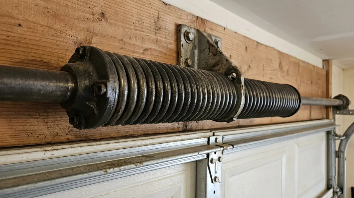 Torsion spring mounted on a shaft above a garage door