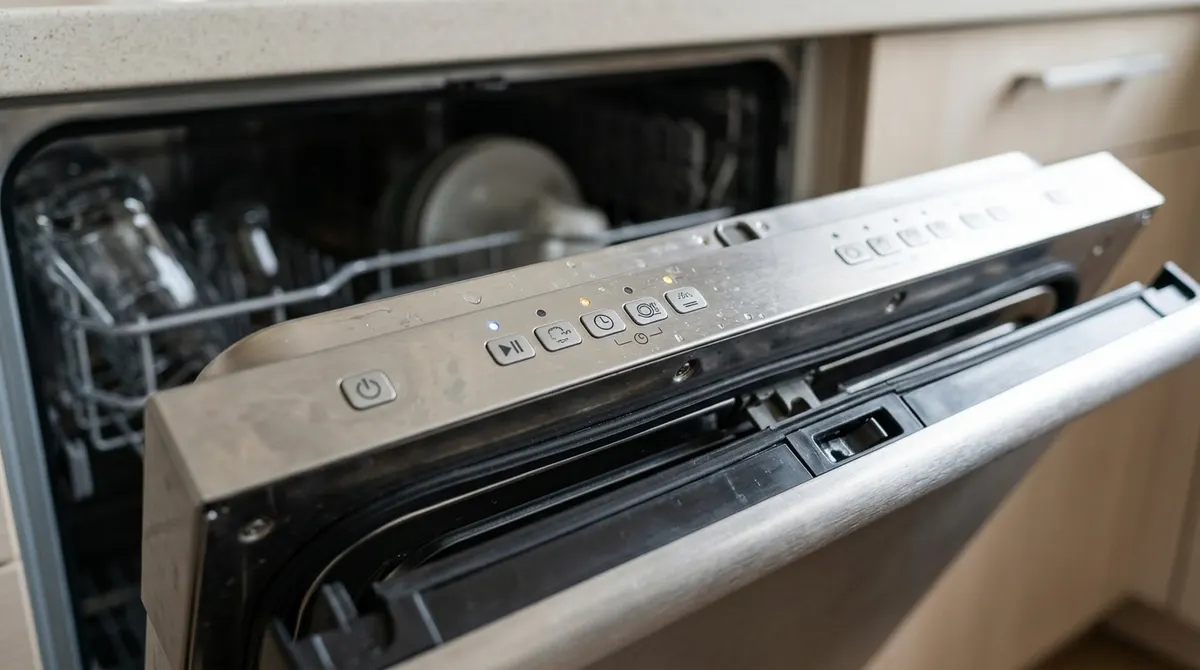 Close-up of a stainless dishwasher top control panel with buttons