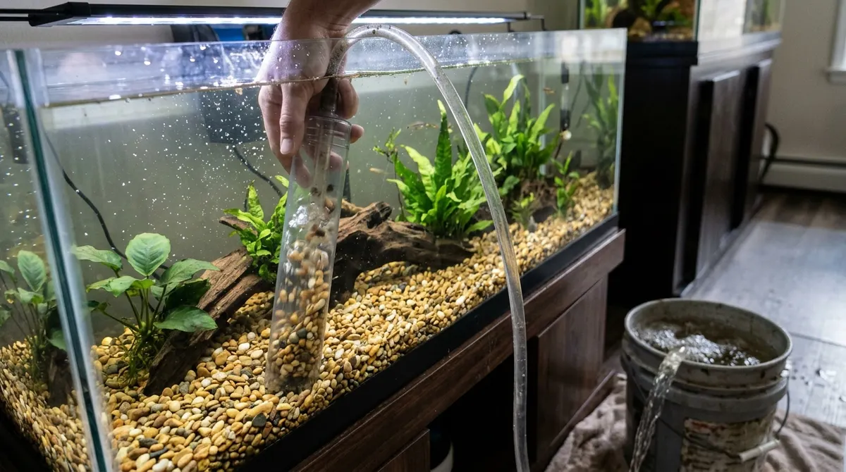 Using a gravel vacuum siphon to clean aquarium gravel into a bucket